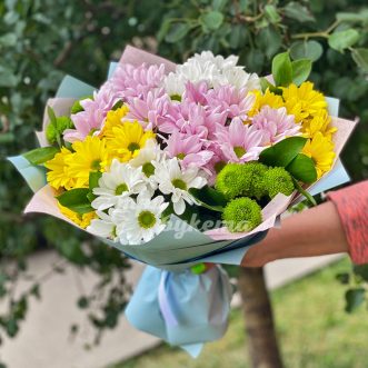 Букет из 9 разноцветных хризантем Букет из 9 разноцветных хризантем