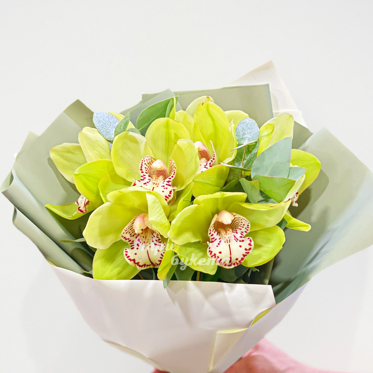 Букет зеленых орхидей с эвкалиптом (крупный план)